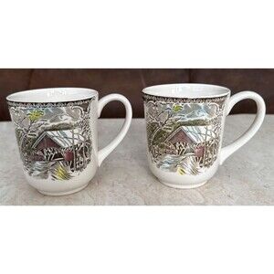 Vintage Johnson Bros The Friendly Village Covered Bridge Coffee Mugs Set of 2